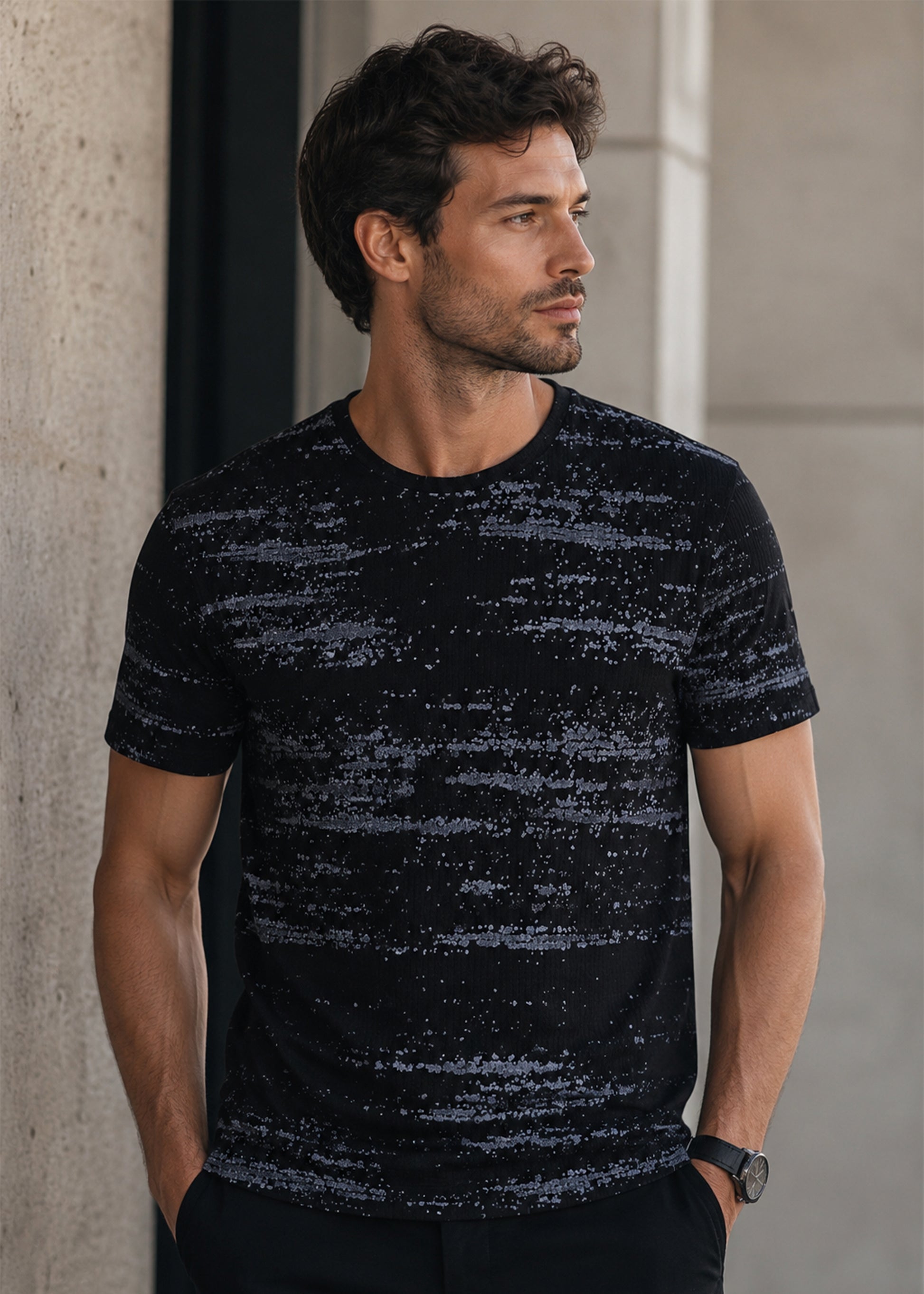 J&JP Premium Midnight Blue Static Print Crew Neck Mens T-Shirt