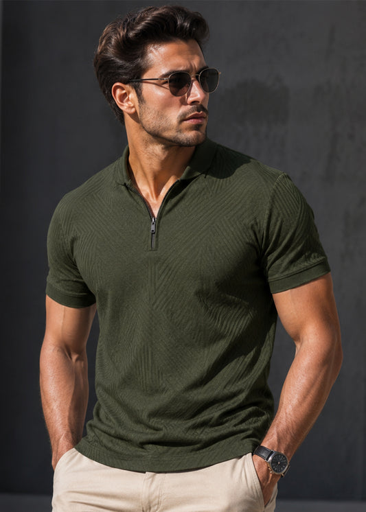 J&JP Mens Olive Green Luxe Textured Zip Polo T-Shirt