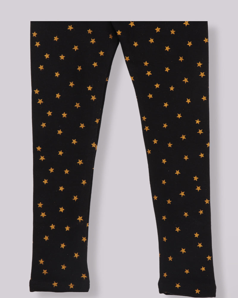 Kids Girls Black Glitter Printed Lycra Denim Fleece Leggings