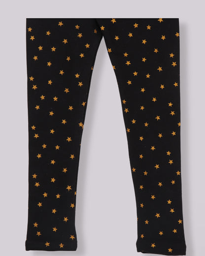 Kids Girls Black Glitter Printed Lycra Denim Fleece Leggings