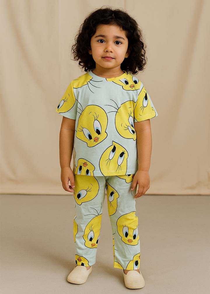 J&JP Kids Duck Printed Half Sleeve T-shirt and Pant Set- Sky Blue