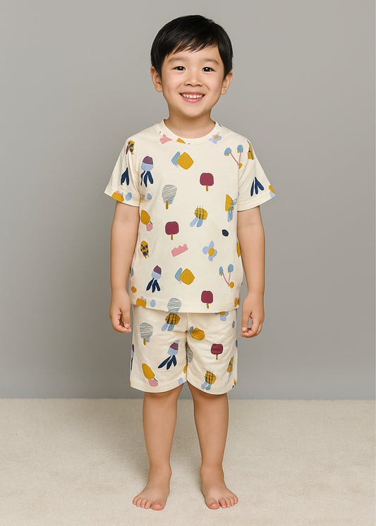 J&JP Kids Fruits Printed T-Shirt & shorts Set- Peach