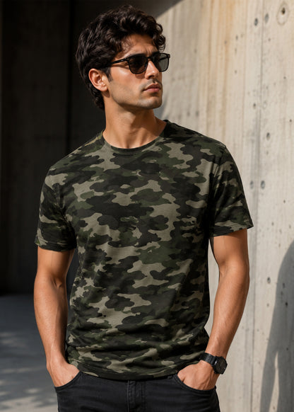 J&JP Premium Dark Green Army Print Crew Neck Mens T-Shirt