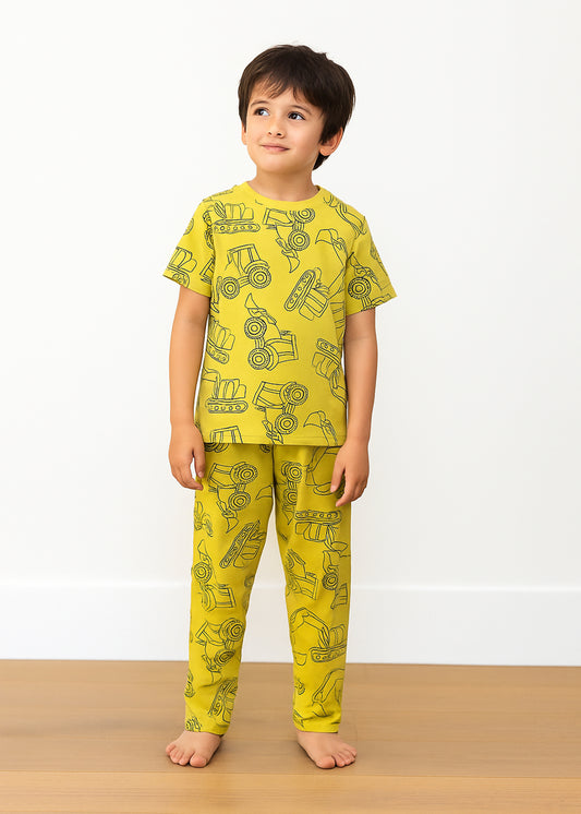 J&JP Kids Printed Half Sleeve T-shirt and Pant Set- Yellow