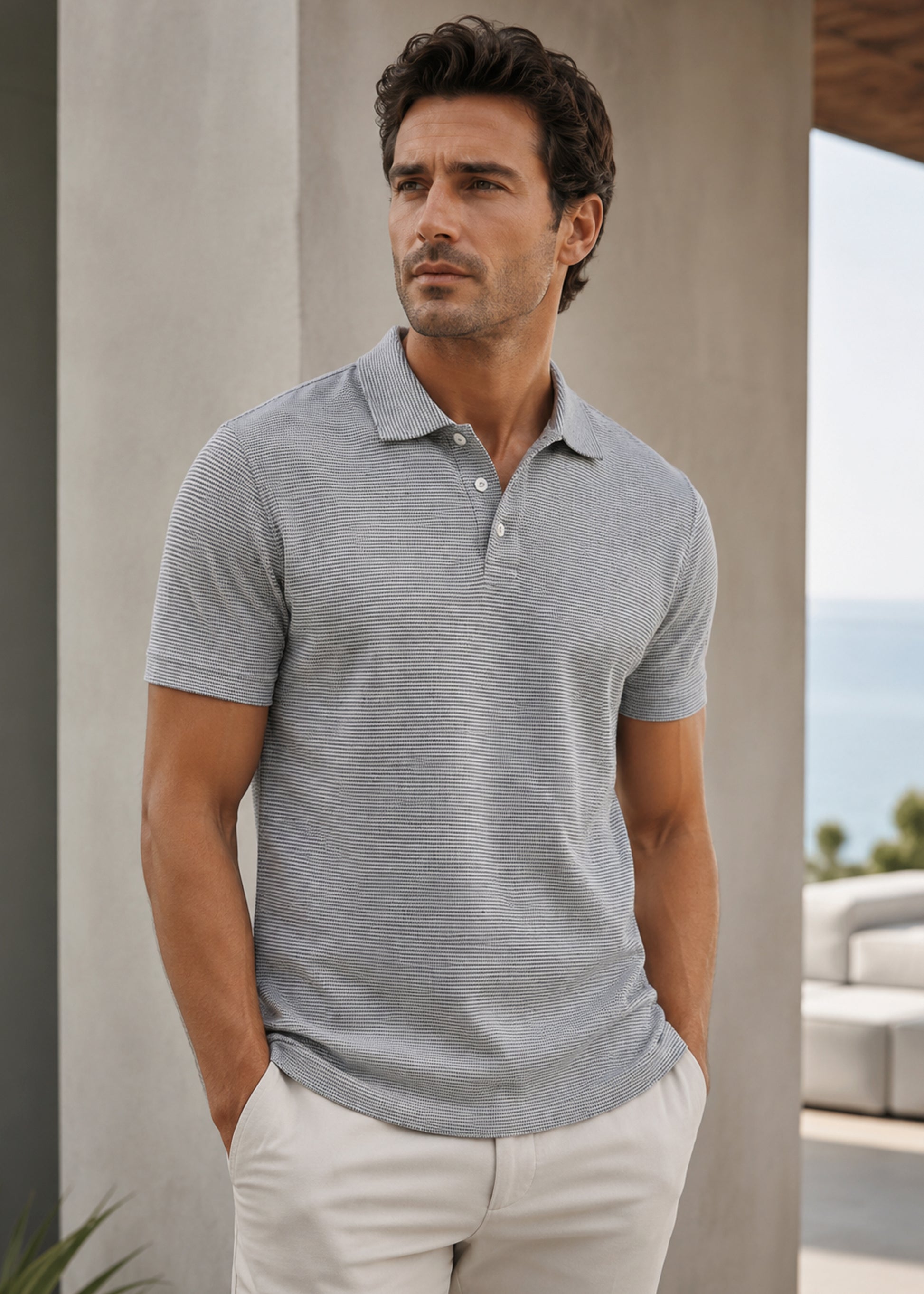 J&JP Men Soft Blue Stripe Pattern Polo T-Shirt