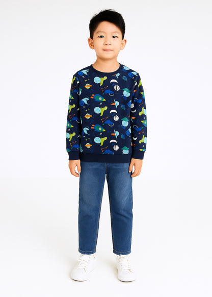 J&JP Boys Printed Full Sleeve T-Shirt- Navy Blue