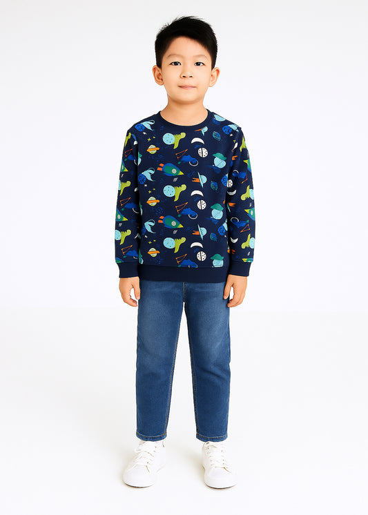 J&JP Boys Printed Full Sleeve T-Shirt- Navy Blue