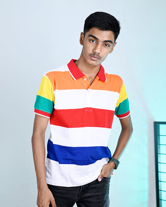 Men Striped Polo Neck Cotton Blend Multi color T-Shirt