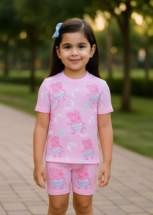 J&JP Kids Cartoon Printed T-Shirt & shorts Set- pink