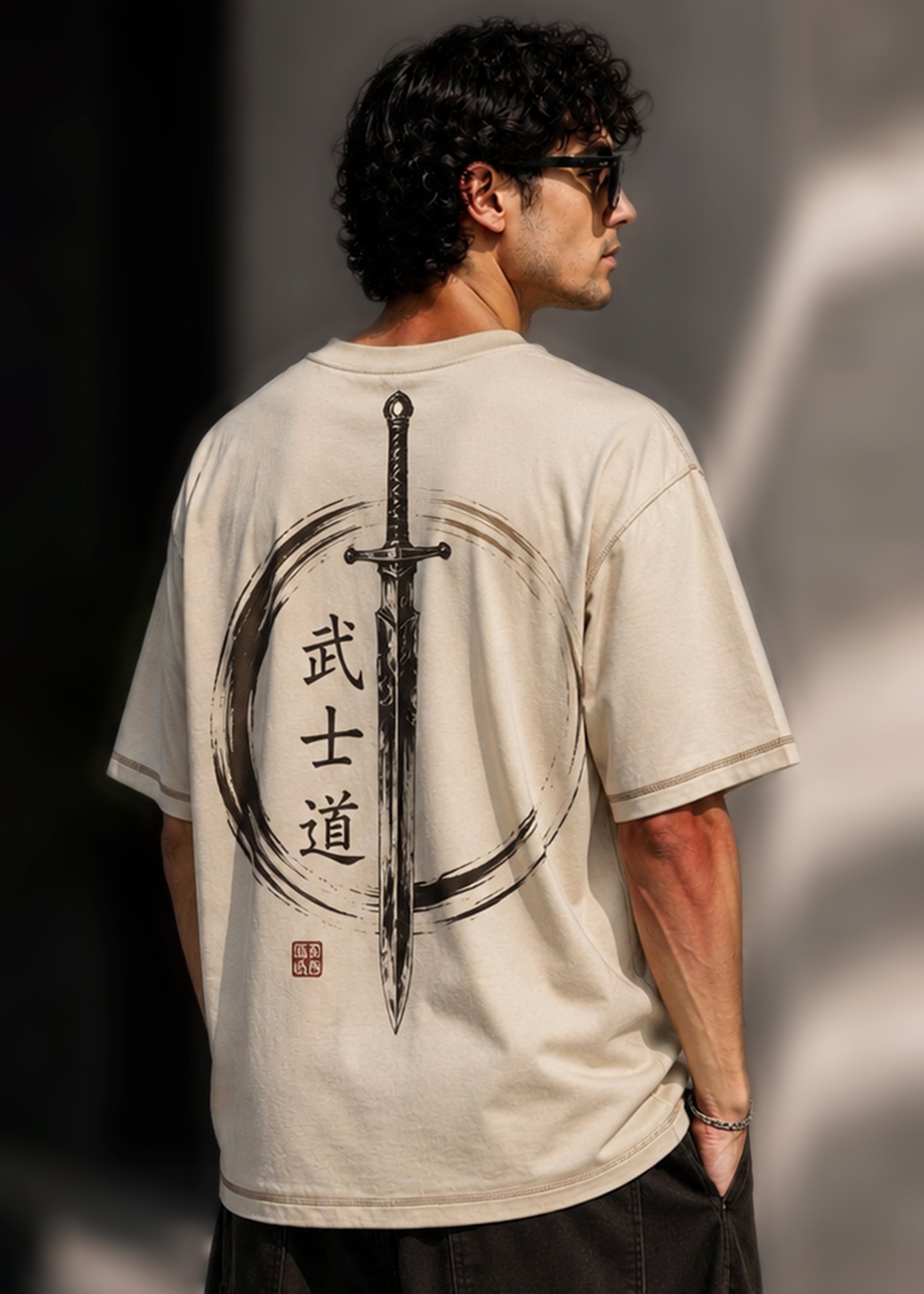 J&JP Mens Light Beige Shadow Warrior Oversized T-Shirt