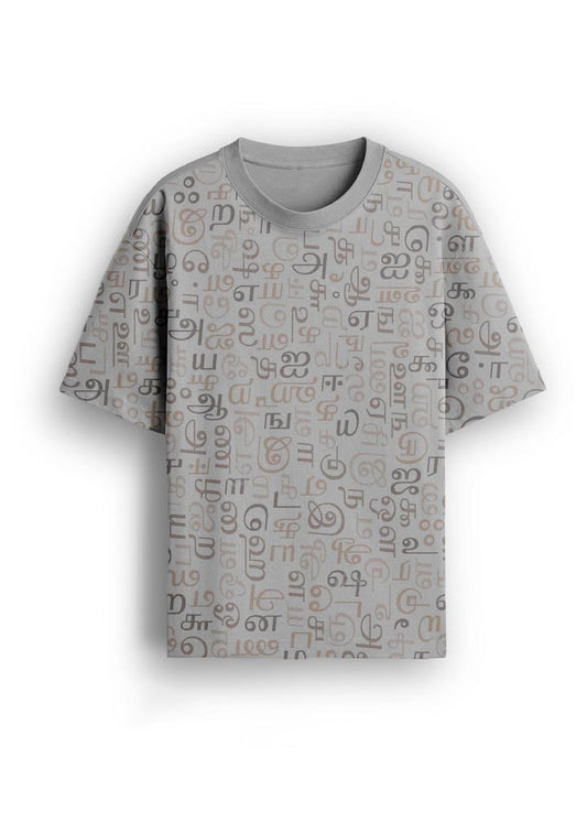 Men's Tamil Letters All Over Print Tshirt- Grey