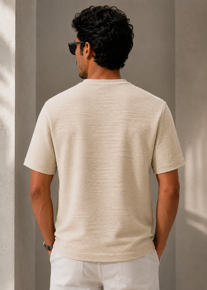 J&JP Luxury Light Beige Soid Crew Neck Mens T-Shirt