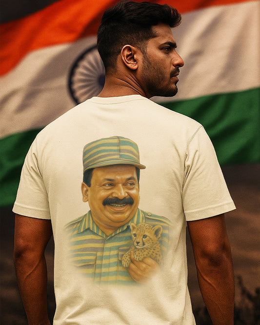 Prabhakaran With Cheetah Back Graphic Printed Regular Fit T-Shirt for Men- Beige