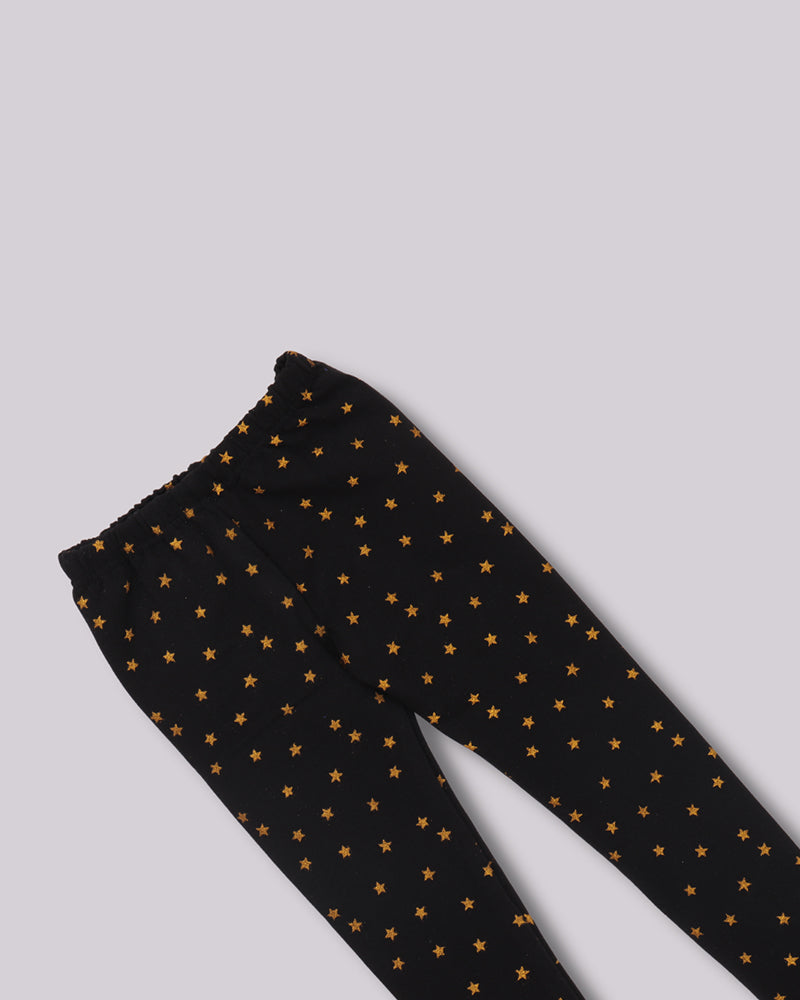 Kids Girls Black Glitter Printed Lycra Denim Fleece Leggings