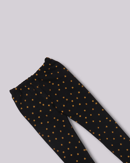 Kids Girls Black Glitter Printed Lycra Denim Fleece Leggings