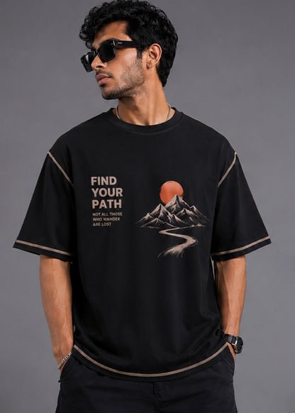 J&JP Find Your Path Black Oversized Mens Graphic T-Shirt