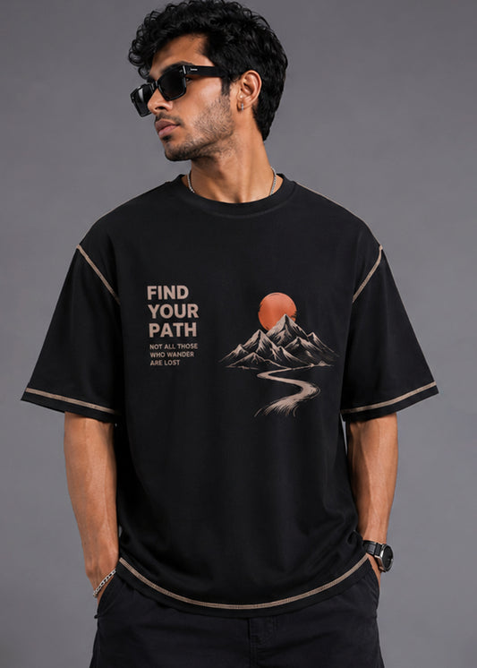 J&JP Find Your Path Black Oversized Mens Graphic T-Shirt