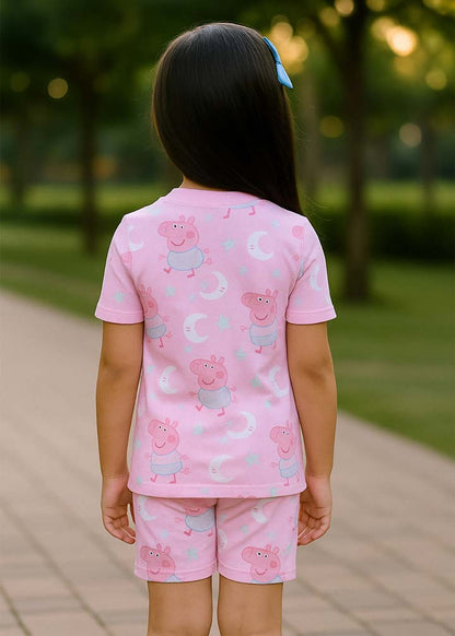 J&JP Kids Cartoon Printed T-Shirt & shorts Set- pink