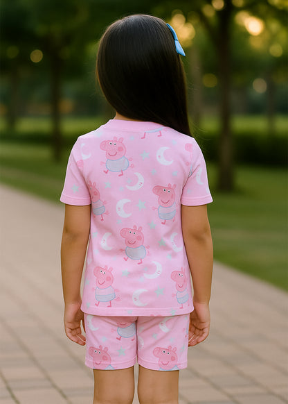 J&JP Kids Cartoon Printed T-Shirt & shorts Set- pink