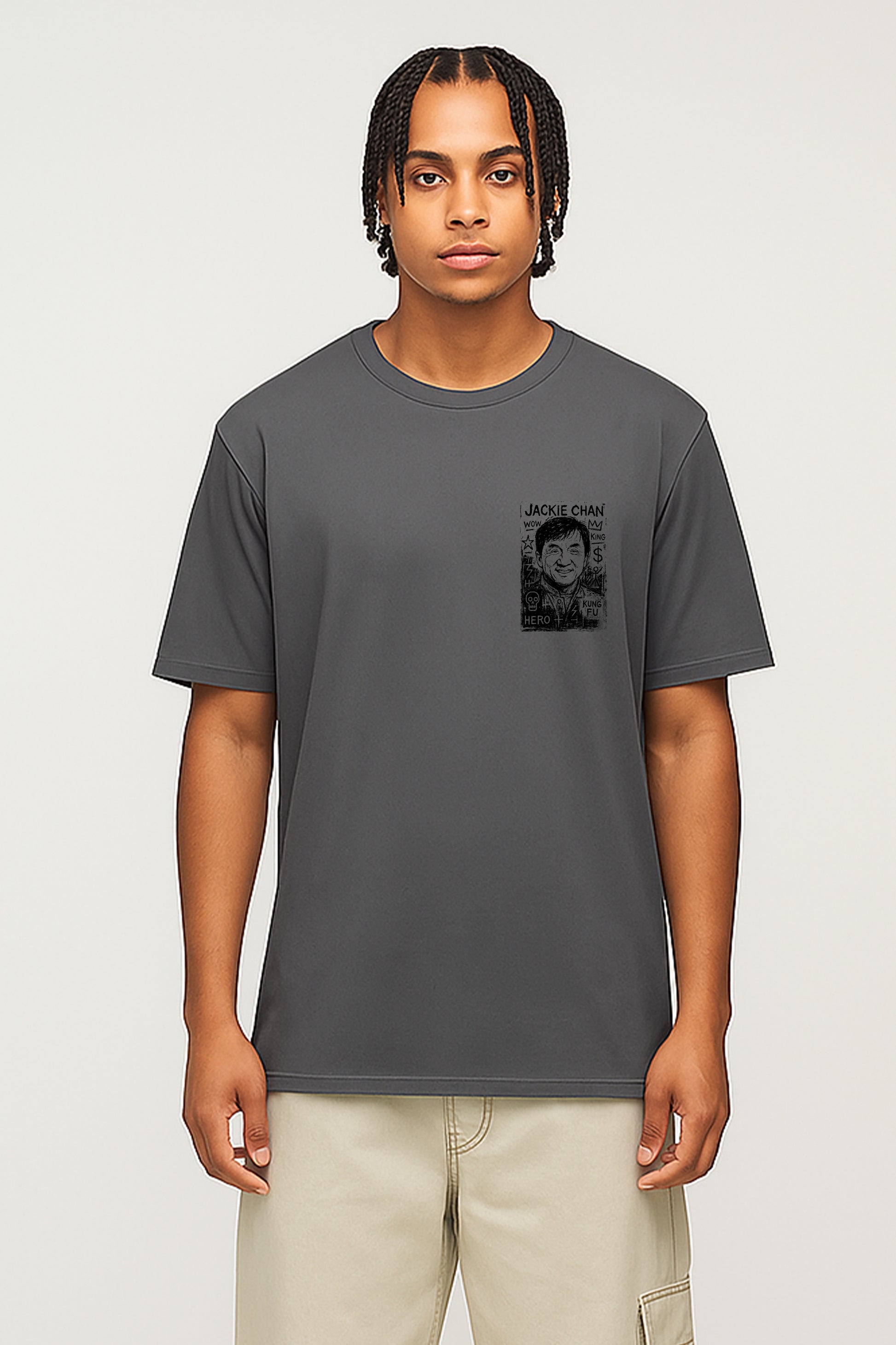 Jackie chan Printed T-Shirt- Grey