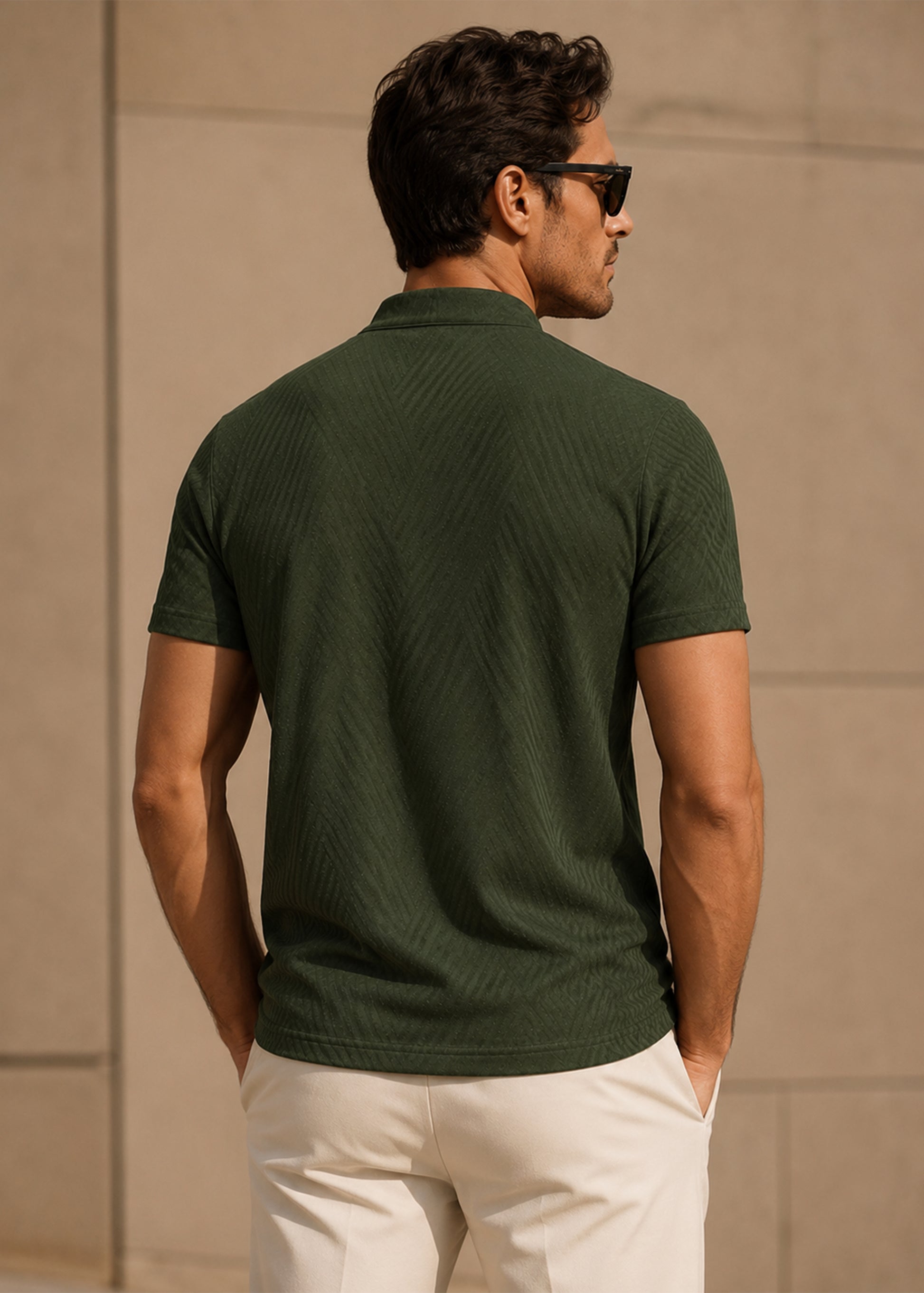 J&JP Mens Olive Green Luxe Textured Zip Polo T-Shirt