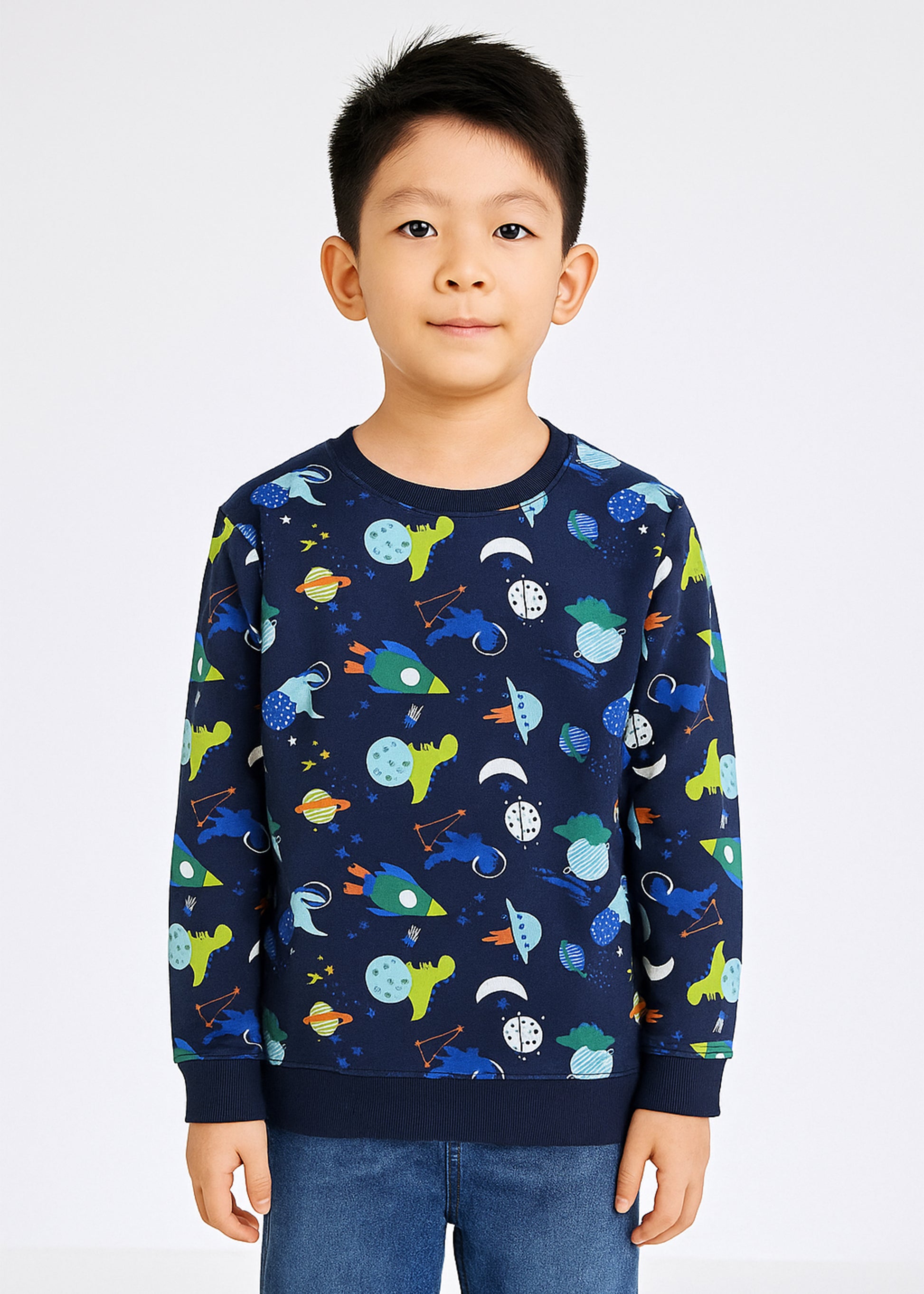 J&JP Boys Printed Full Sleeve T-Shirt- Navy Blue