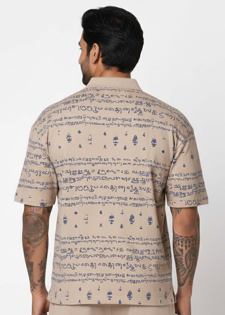 Kalvettu Themed Tamil Polo T-Shirt ? Beige With Blue Print