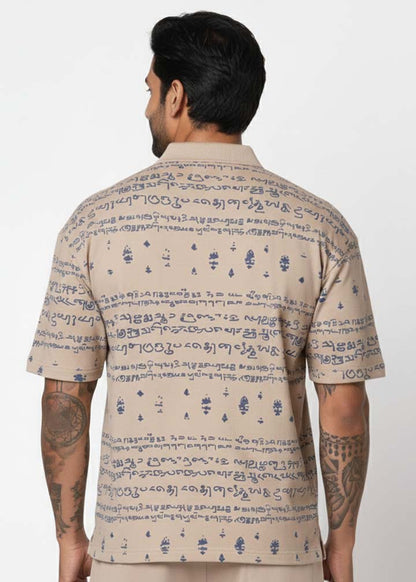 Kalvettu Themed Tamil Polo T-Shirt ? Beige With Blue Print