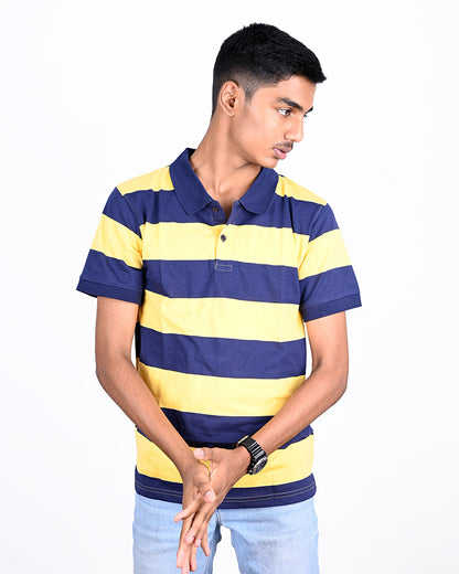 Men Blue Yarn Dyed Striped Pique Polo Tshirt