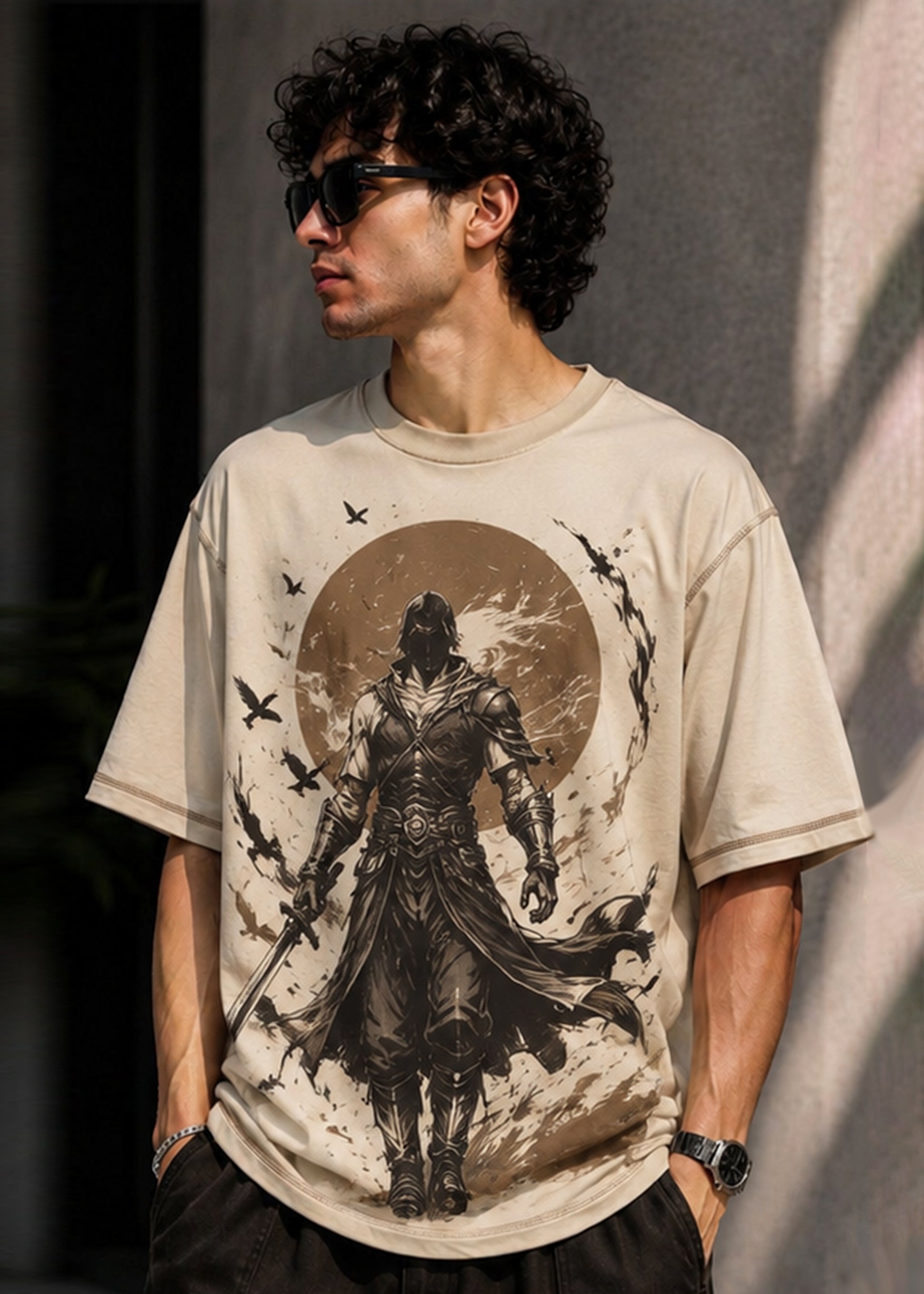 J&JP Mens Light Beige Shadow Warrior Oversized T-Shirt