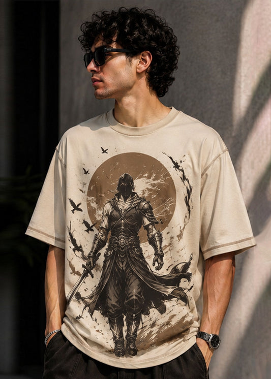 J&JP Mens Light Beige Shadow Warrior Oversized T-Shirt