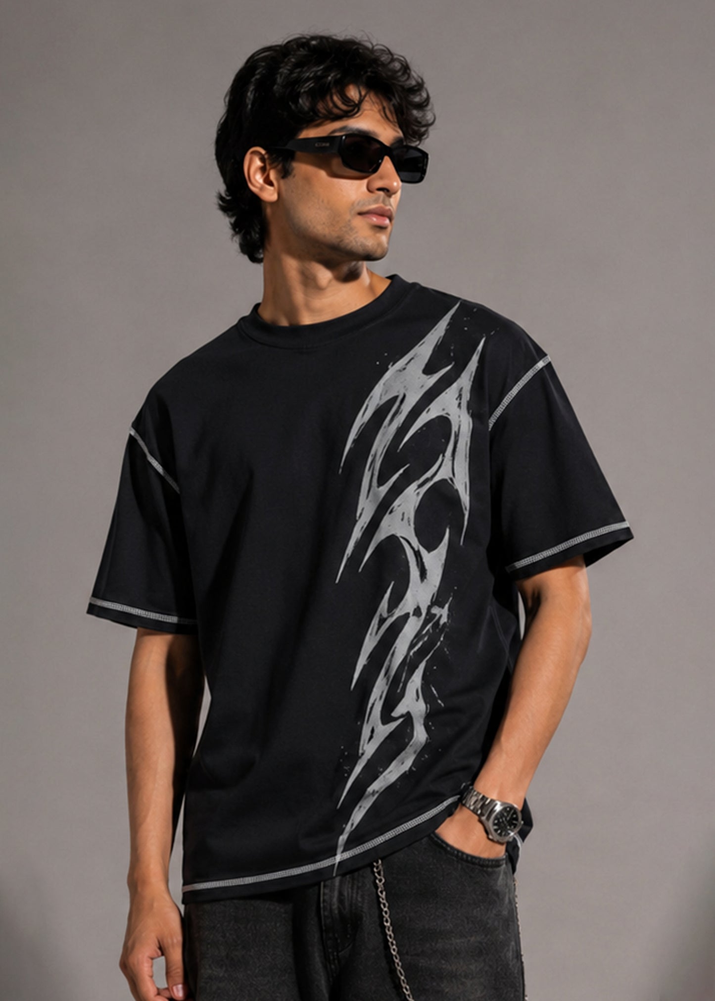 J&JP Black Dark Wave Oversized Mens Casual T-Shirt