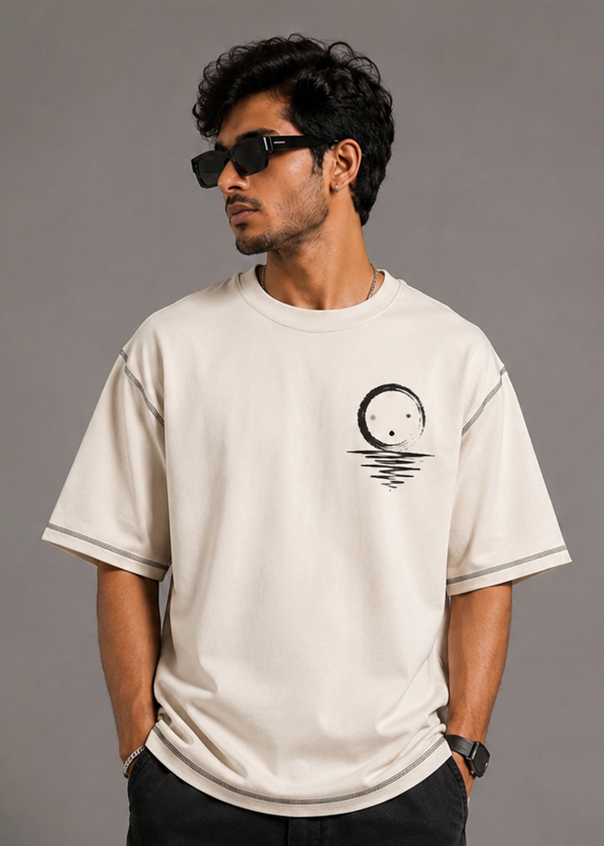 J&JP Moon Bamboo Off White Oversized Causal T-Shirt