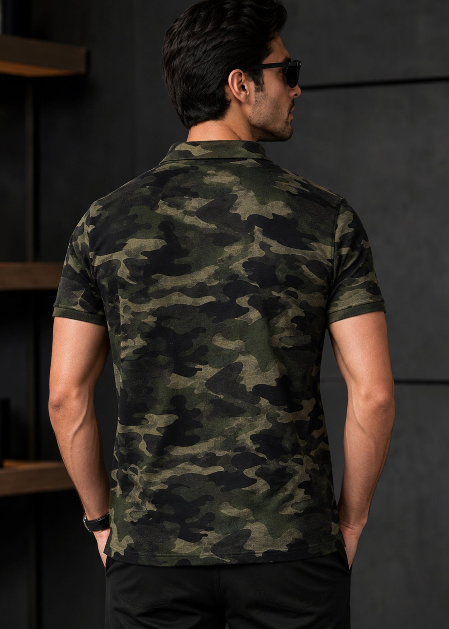 J&JP Mens Dark Green Bold Camouflage Print Polo T-Shirt