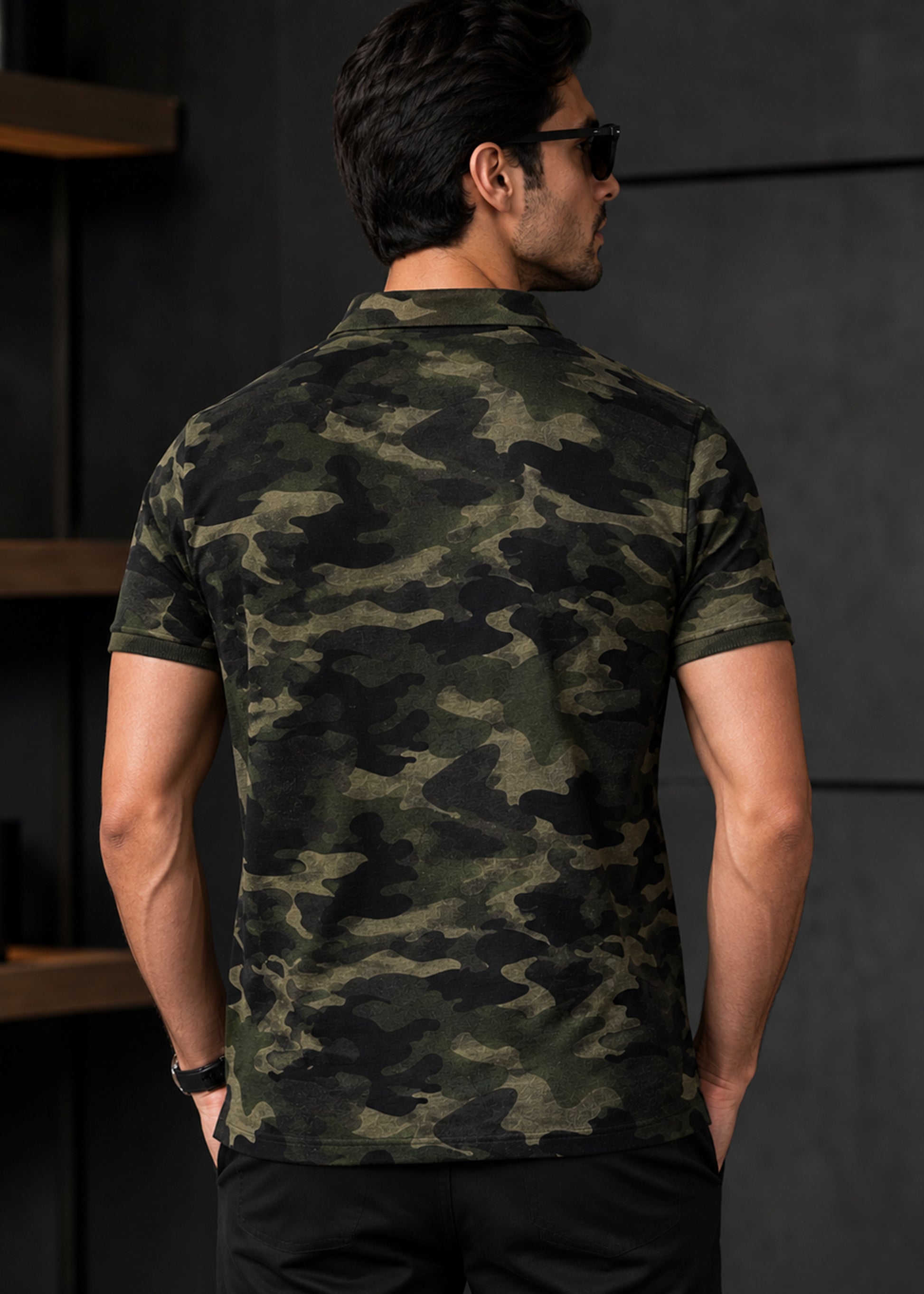 J&JP Mens Dark Green Bold Camouflage Print Polo T-Shirt