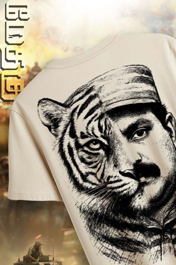 Half Prabhakaran Half Tiger Theme Regular Fit Men tshirt- Beige