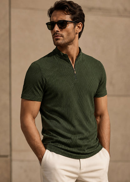 J&JP Mens Olive Green Luxe Textured Zip Polo T-Shirt