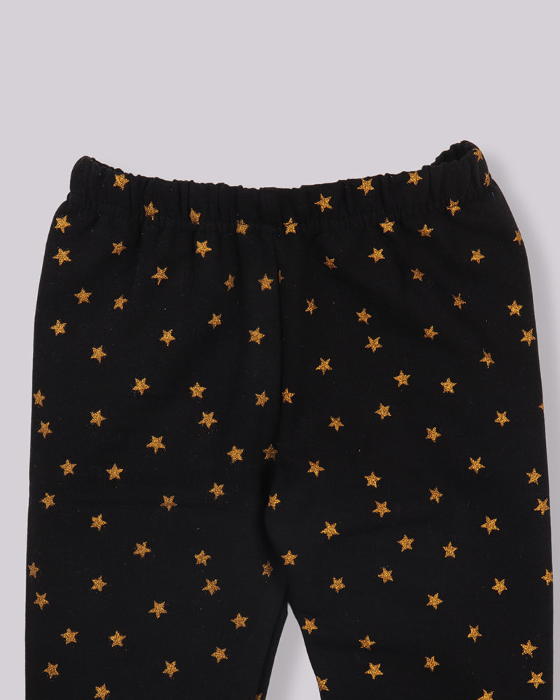 Kids Girls Black Glitter Printed Lycra Denim Fleece Leggings