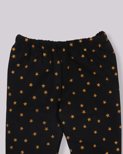 Kids Girls Black Glitter Printed Lycra Denim Fleece Leggings