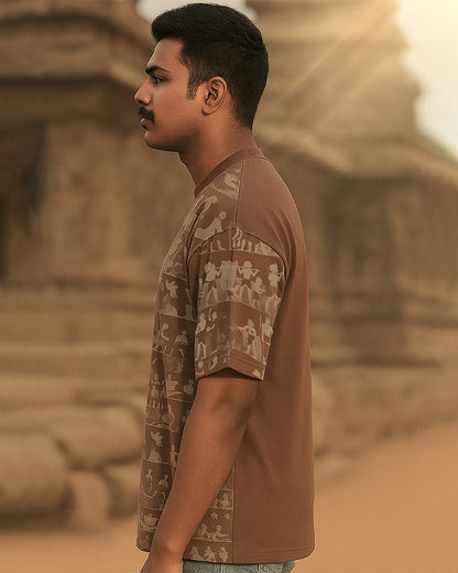 J&JP Men's Mullai Printed Five Sleeve T-shirt- Brown