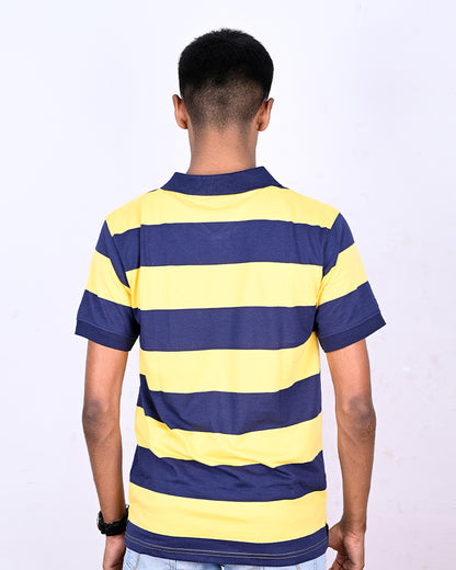 Men Blue Yarn Dyed Striped Pique Polo Tshirt