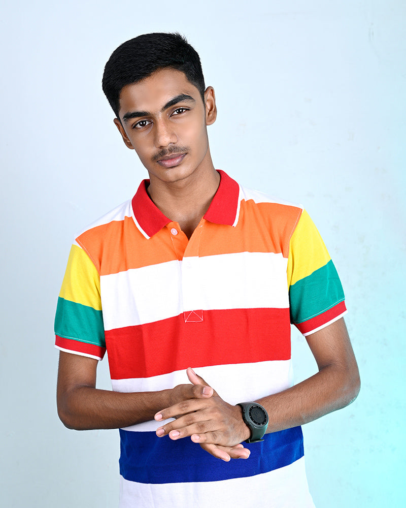 Men Striped Polo Neck Cotton Blend Multi color T-Shirt