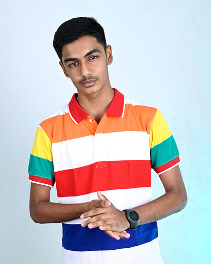 Men Striped Polo Neck Cotton Blend Multi color T-Shirt