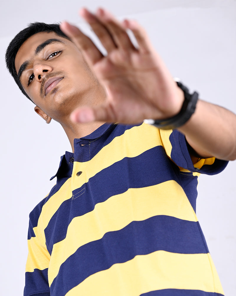 Men Blue Yarn Dyed Striped Pique Polo Tshirt