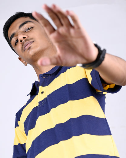 Men Blue Yarn Dyed Striped Pique Polo Tshirt