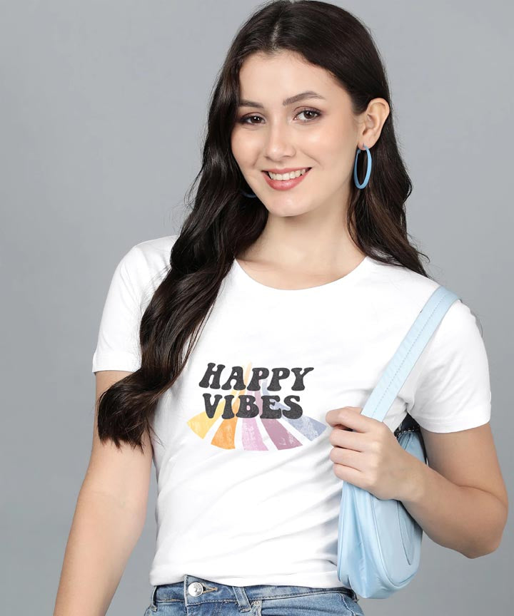 Women happy vibes white tshirt