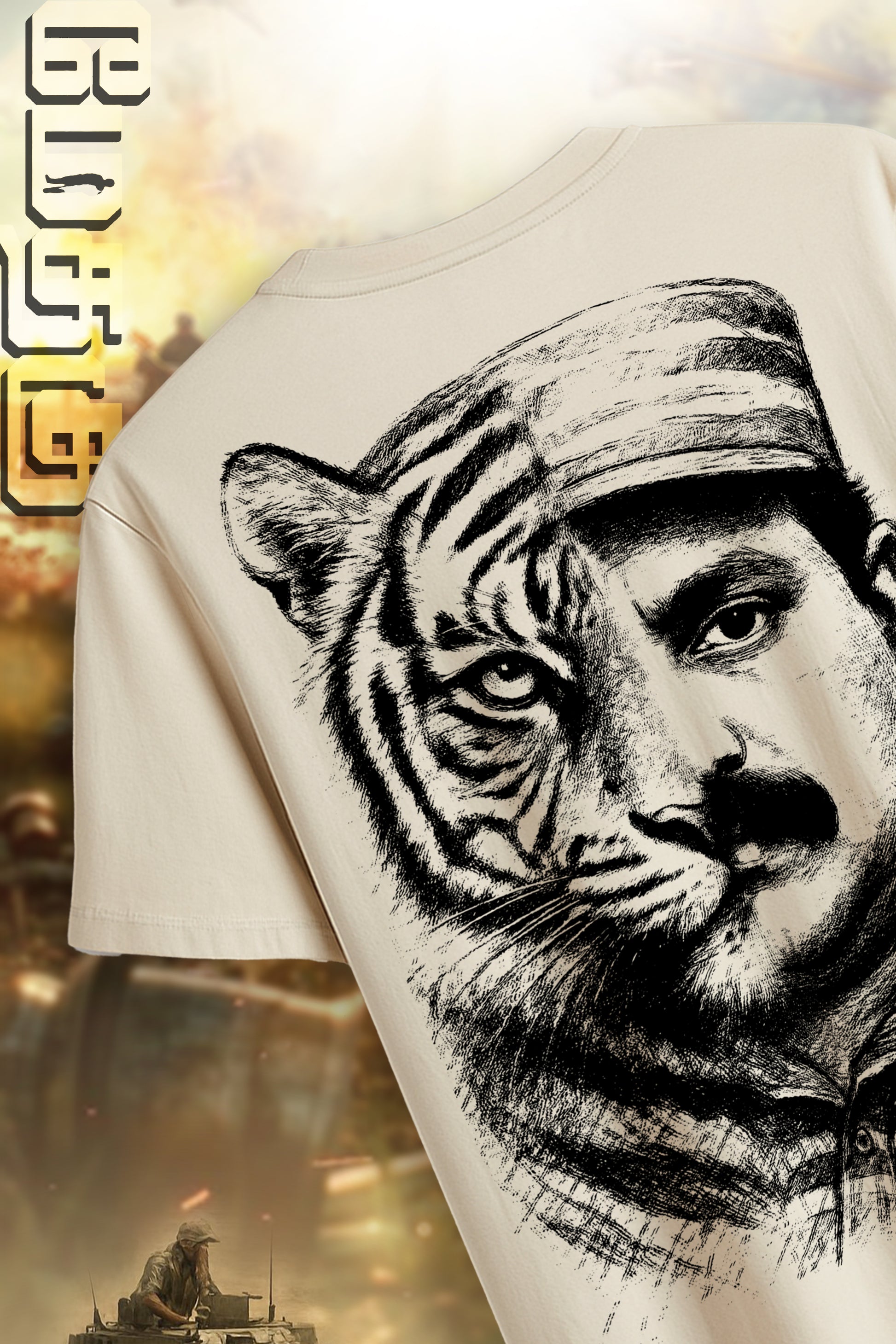 Half Prabhakaran Half Tiger Theme Regular Fit Men tshirt- Beige