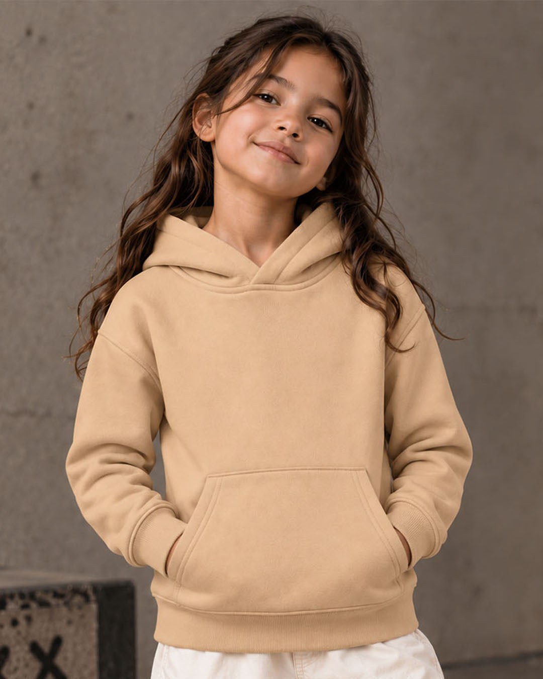 J&JP Girls Beige Solid Full Sleeve Hoodie