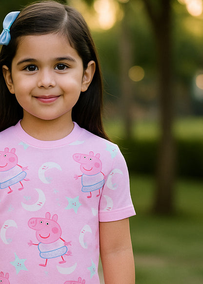 J&JP Kids Cartoon Printed T-Shirt & shorts Set- pink