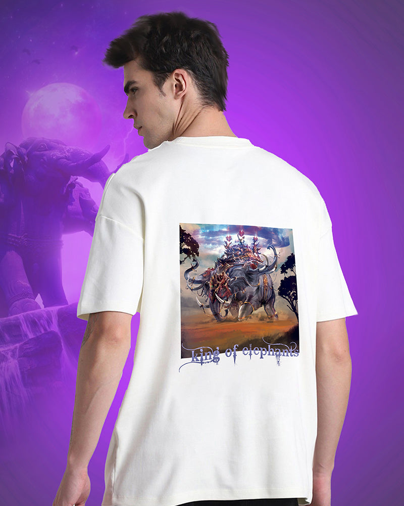 J&JP Men Airavath The King of elephants Tamil Tshirt Oversized - White